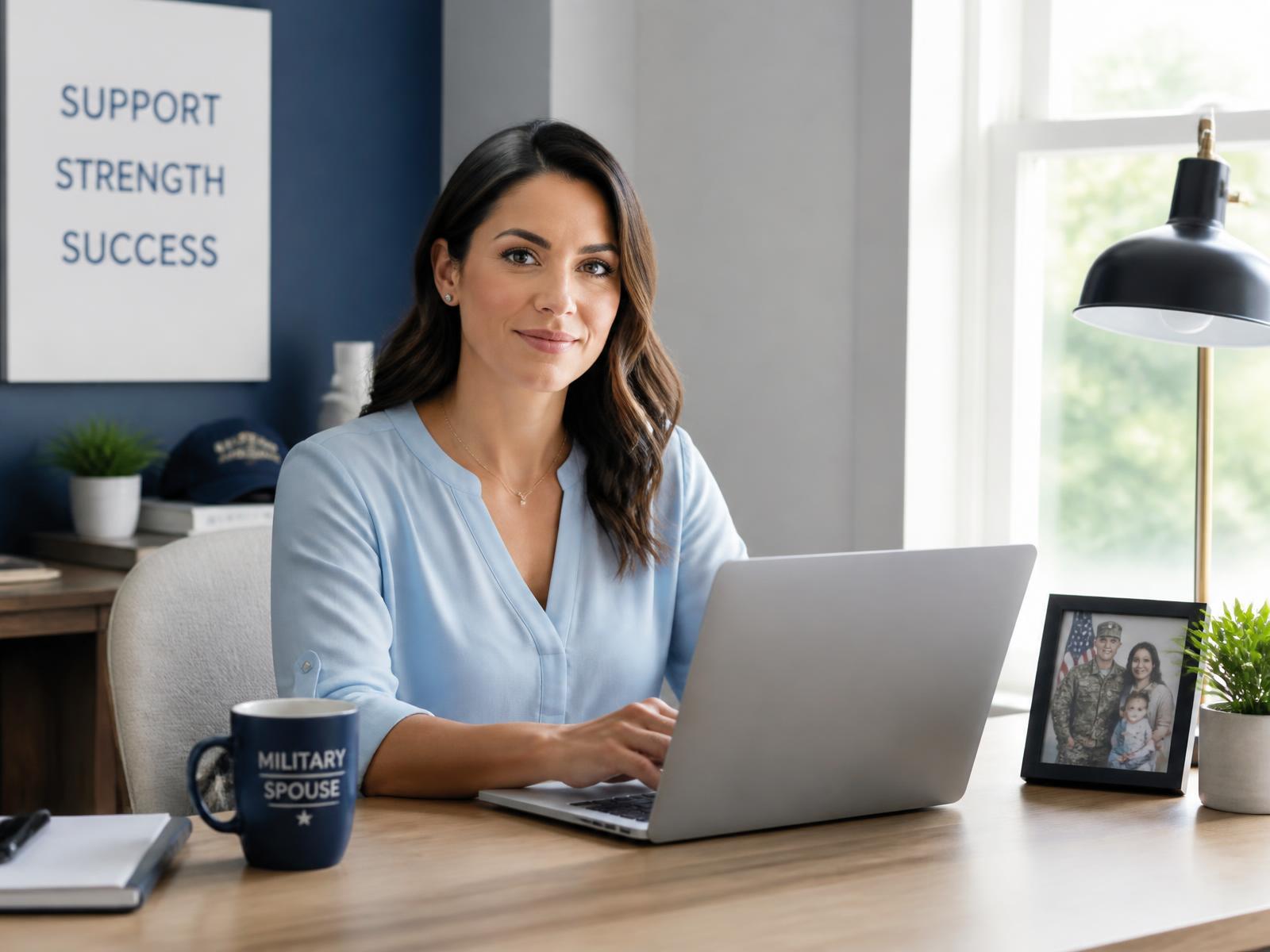 A military spouse working remotely from a bright home office
